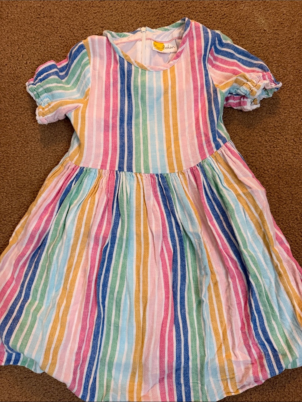 Mini Boden Rainbow Stripe Puff-Sleeve Dress
